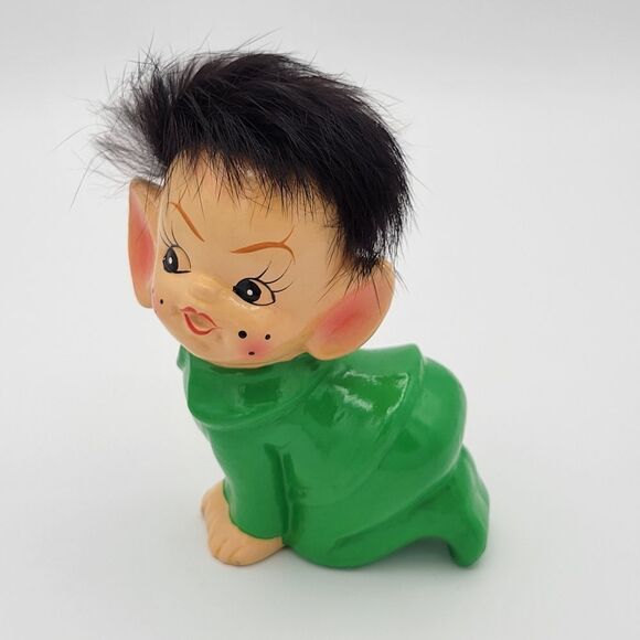 RARE Pristine 1950's Crawling Green Pixie Elf Pointy Ear Real Fur Hair Figurine - Picture 16 of 16